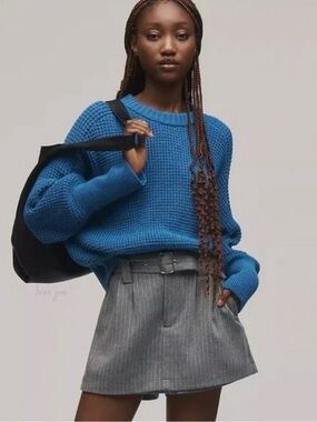 Anthropologie Blue Waffle-Knit Crewneck Sweater